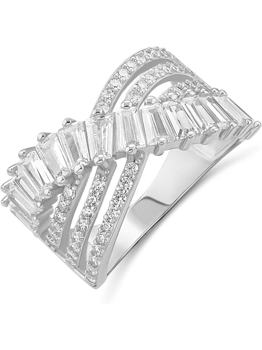 Sterling Silver Pave Baguette CZ Crossover Cocktail Ring - Elegant Statement